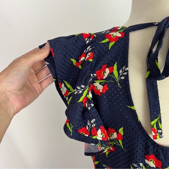 JILL STUART Midnight Navy Blue Red Floral Jacquard Flutter Sleeve Dress Medium - Picture 8 of 10